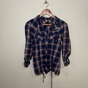BKE Button Down Plaid Shirt Women's SM Blue Long Sleeve Grunge Y2K
